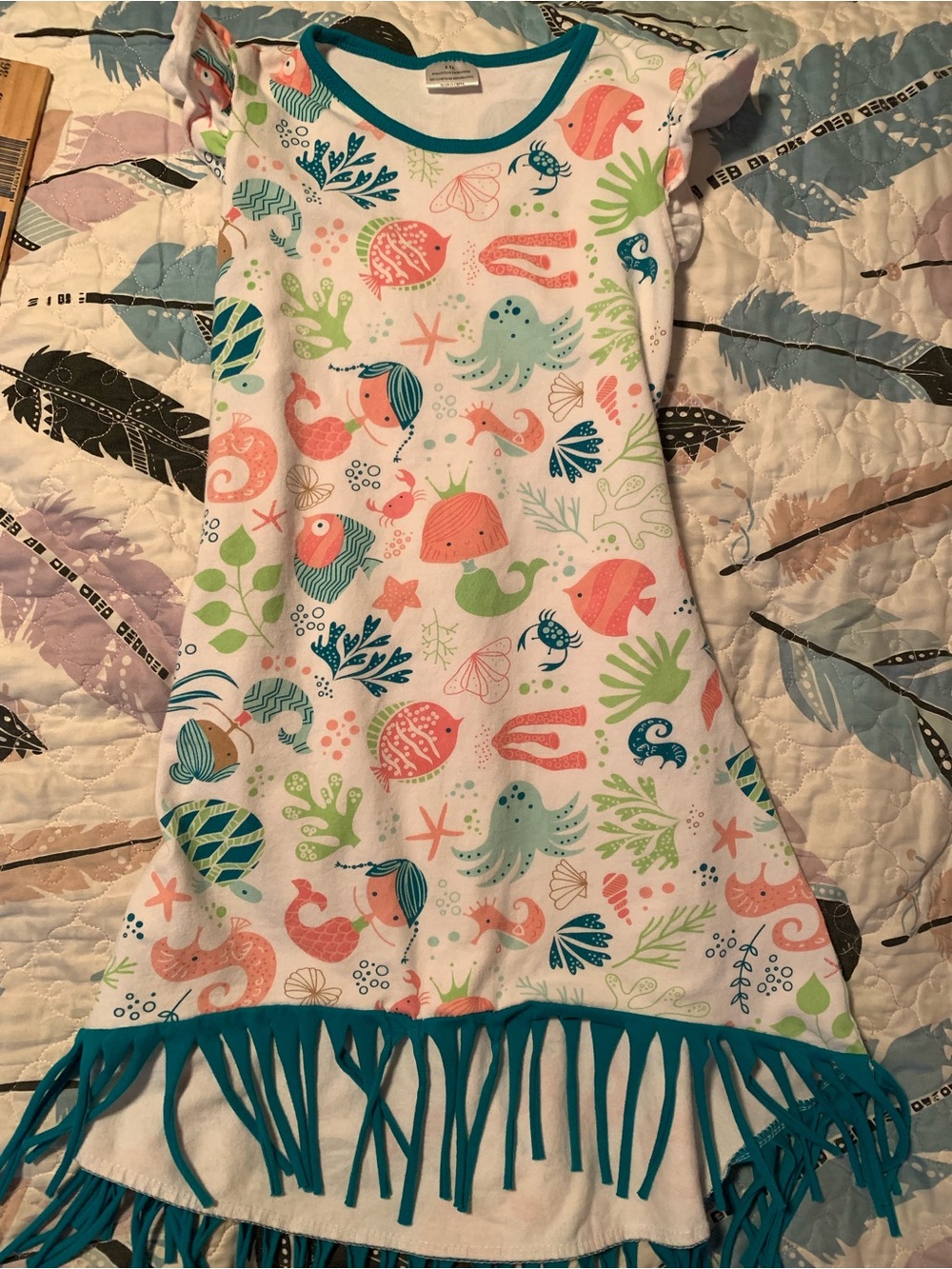 Girls' Sea Life Fringe Dress with Teal Trim